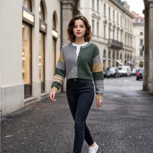 Colorblock Knit Button Cardigan - Green & Gray